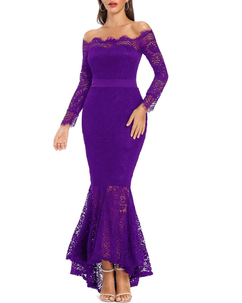 LALAGEN Women's Floral Lace Long Sleeve Off Shoulder Wedding Mermaid Dress Purple XXL - Image 1